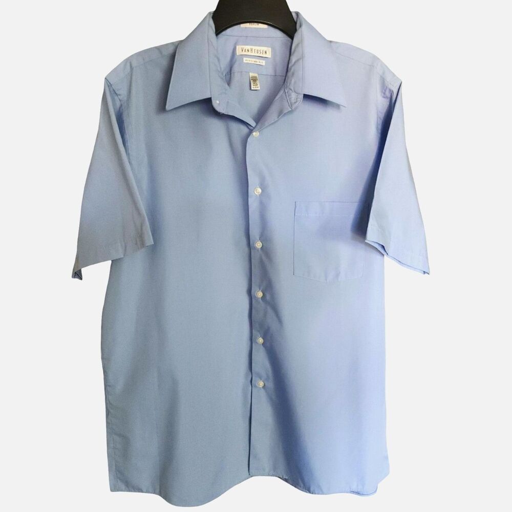 Van Heusen Light Blue Short Sleeve Poplin Dress Shirt Regular Fit